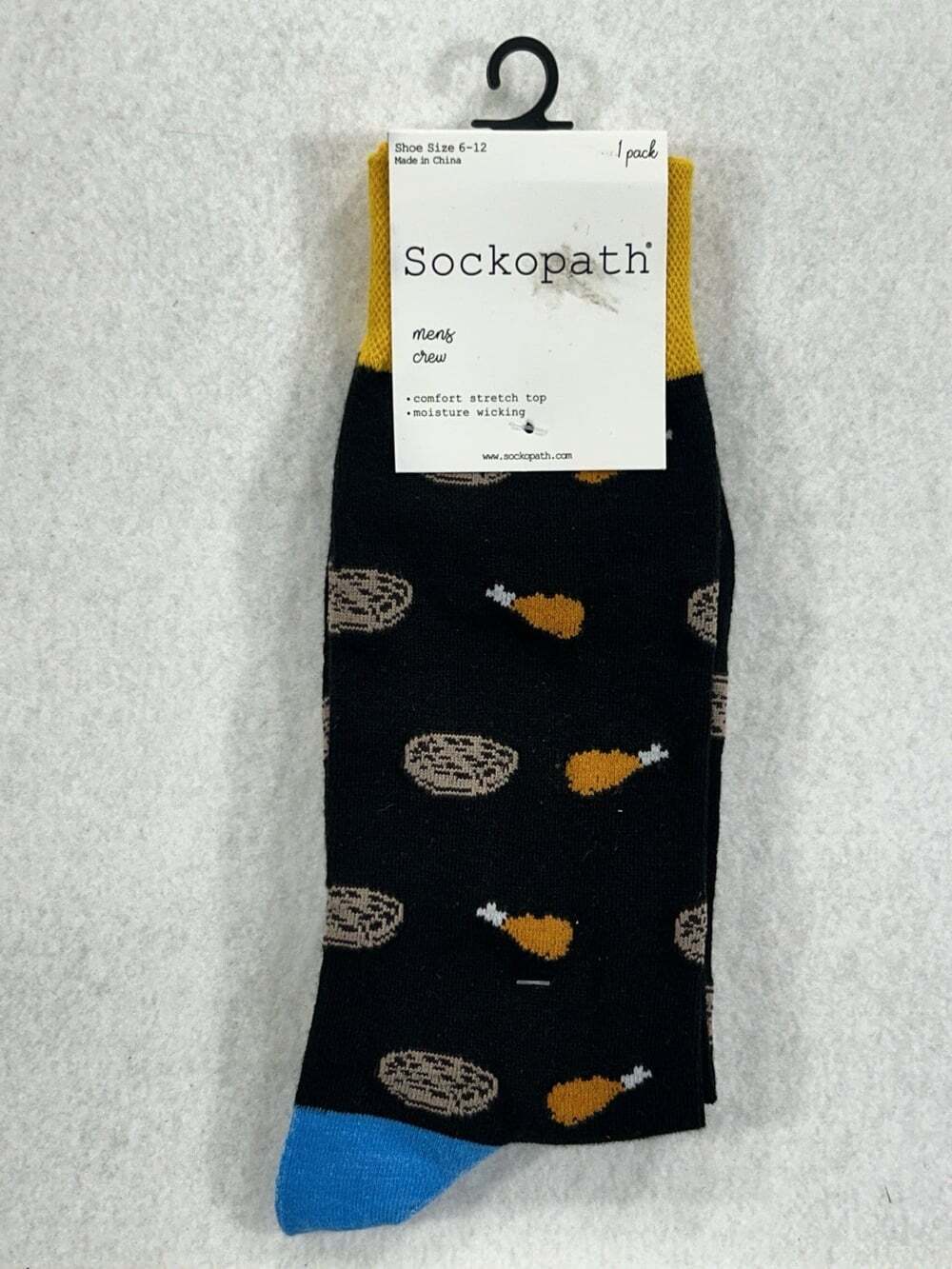 Sockopath Mens Crew Socks Black Yellow Blue Novelty Food L Moisture-Wicking 1pr